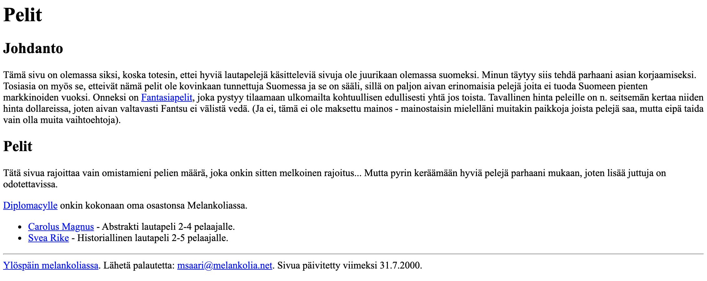 Ruutukaappaus Melankolia.net/pelit-sivustolta heinäkuulta 2000.