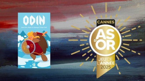 As d'Or -palkinnon logo ja palkinnon voittaneen Odin-pelin kansikuva. Taustalla abstrakti maalaus, jossa leveät siniset ja punaiset raidat kulkevat kuvan poikki vaakasuoraan.