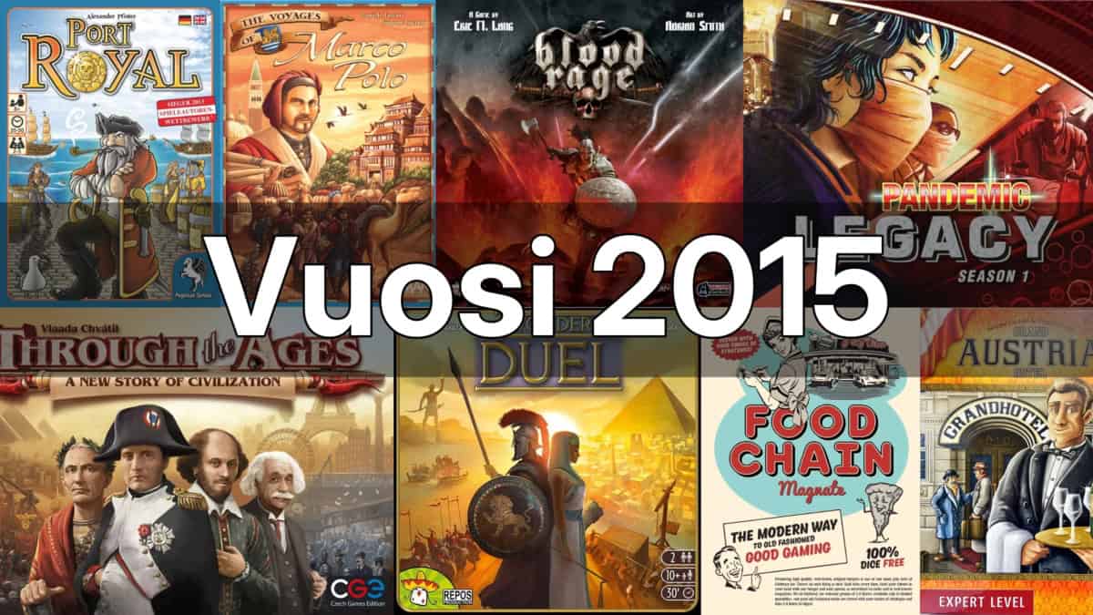 Teksti "Vuosi 2015", taustalla vuoden pelijulkaisujen kansia: Port Royal, Voyages of Marco Polo, Blood Rage, Pandemic Legacy, Through the Ages, 7 Wonders Duel, Food Chain Magnate ja Grand Austria Hotel.